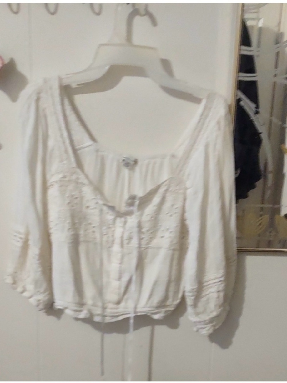 American Eagle Outfitters White Crochet-Trim Peasant Crop Top